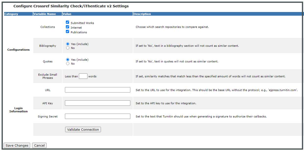 eJournalPress configuration settings in iThenticate v2