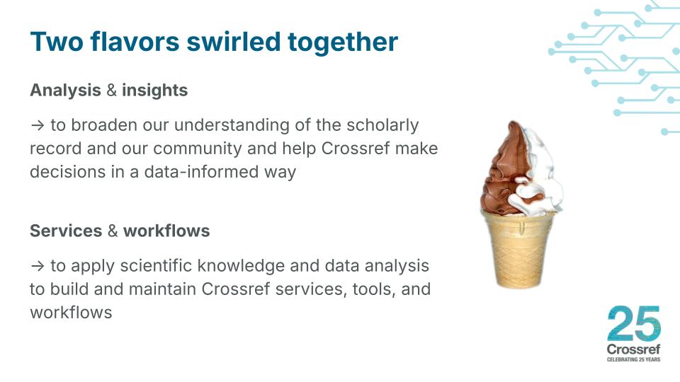 Slide summarizing recent data science work at Crossref, including metadata analysis and matching services.