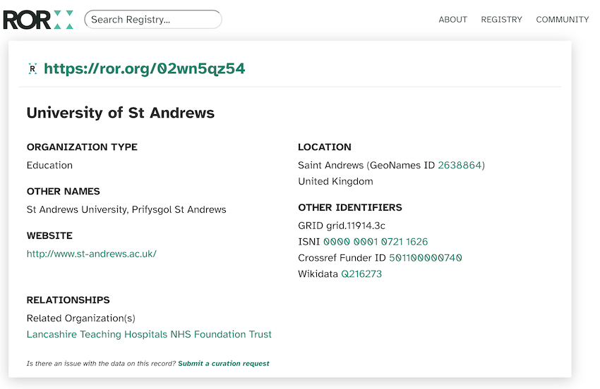 The ROR record for the University of St Andrews.